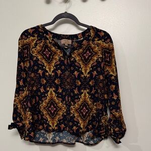 Anthropologie Navy and Gold Patterned Top